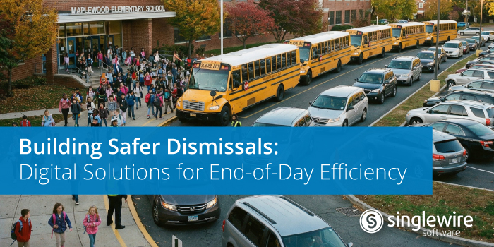 school busses and parent cars waiting to pick up students