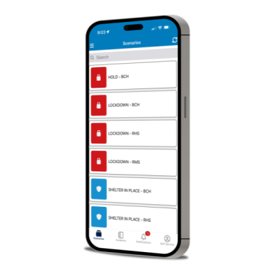 The InformaCast app on a cell phone displaying alerts for a school district