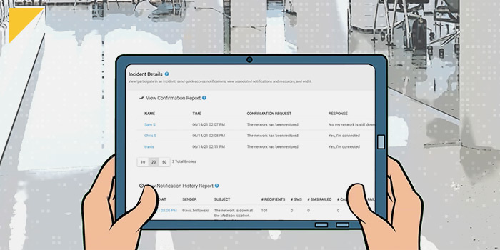 illustration of person holding tablet with InformaCast software in hallway